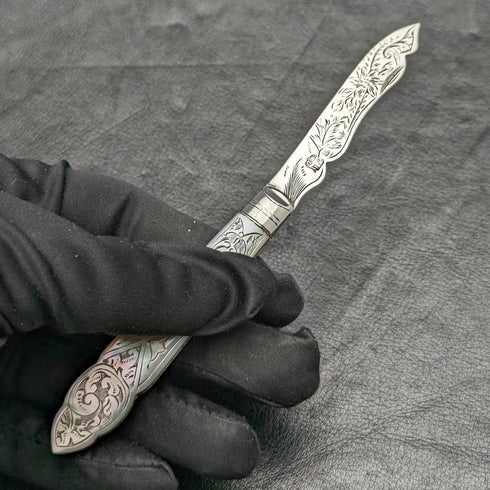 1910 British Antique White Pearl Shell Handle Pure Silver Engraving Blade Folding Pen Knife